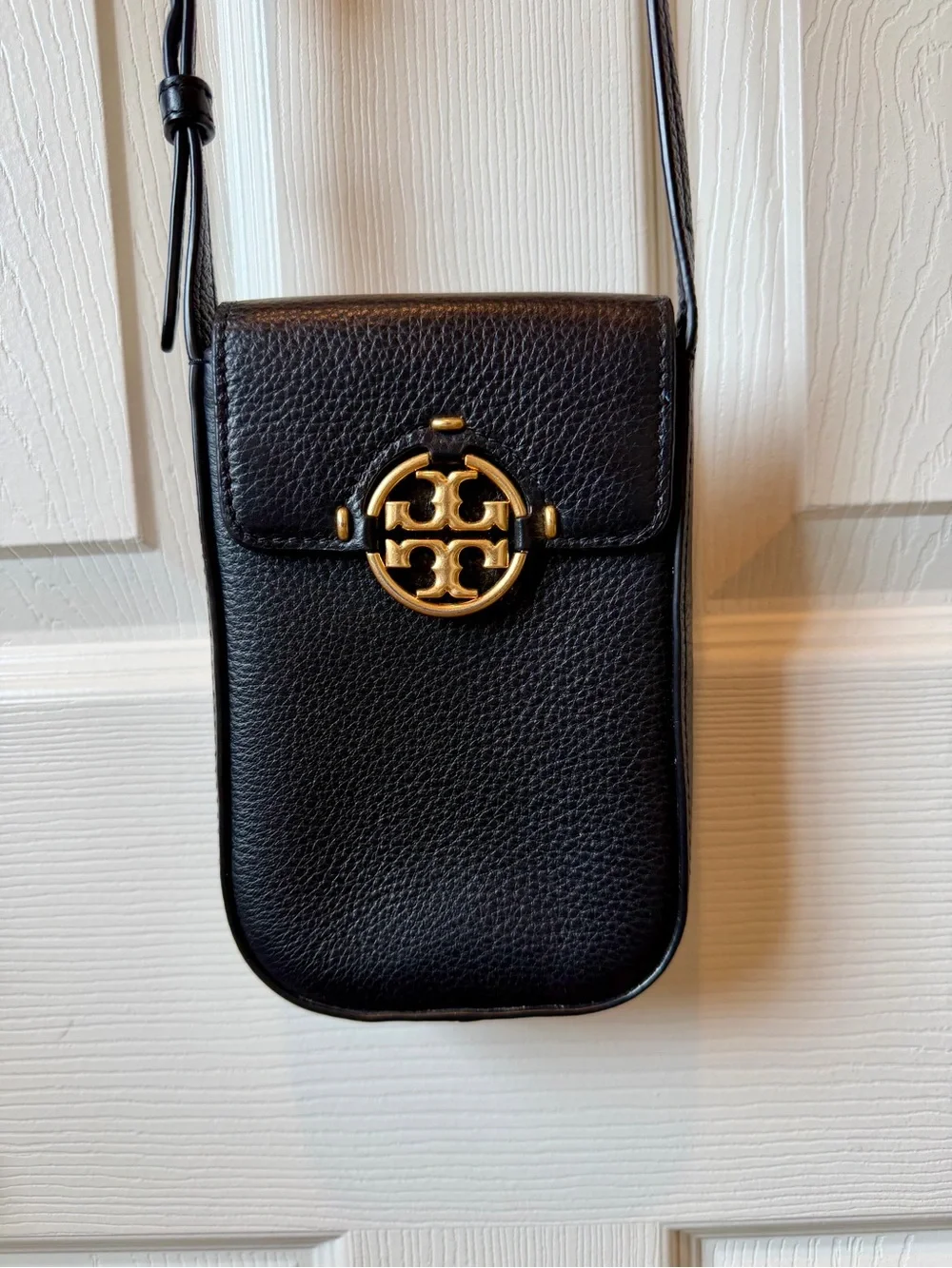 TORY BURCH Miller Black Pebbled Leather Phone Crossbody with Gold Logo